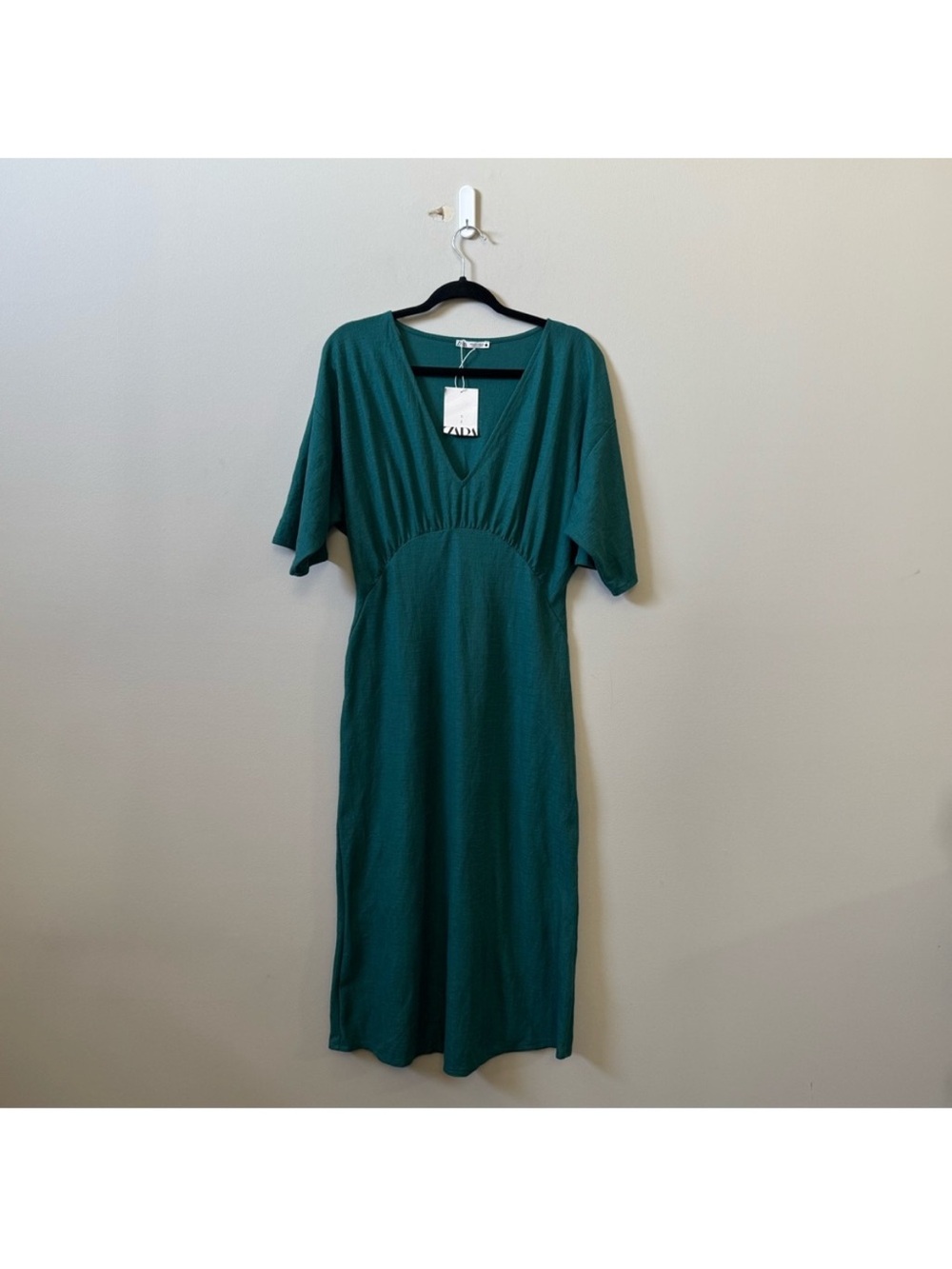 Zara Green V-Neck Draped Midi Dress